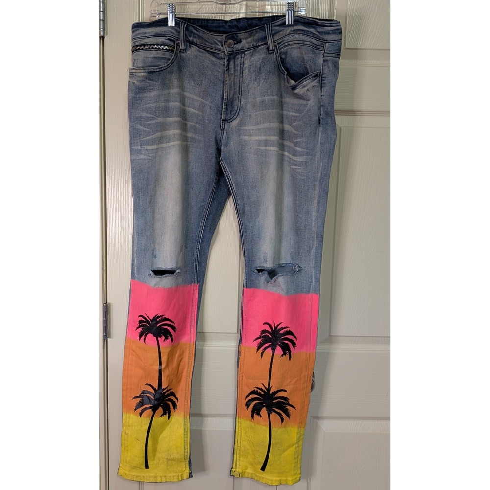 Rockstar Original Thrashed Ombré Palm Tree Distressed Jeans 36 Mechanic playboy